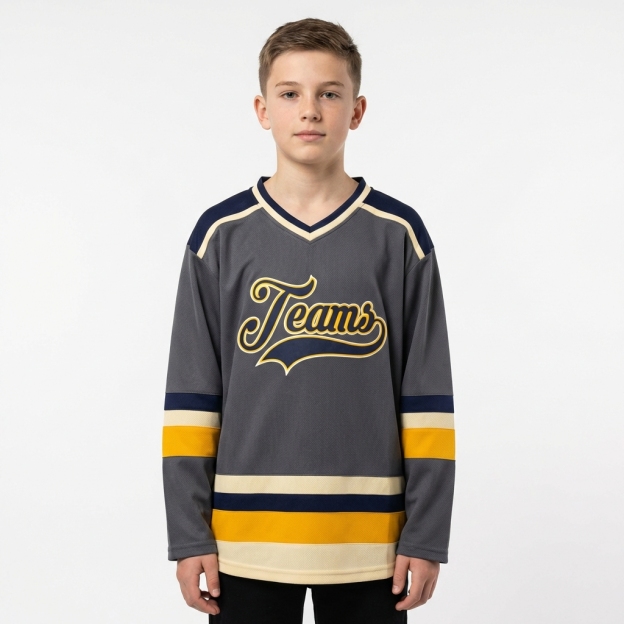 Custom Dark Grey & Purple/Gold-Cream Hockey Jersey