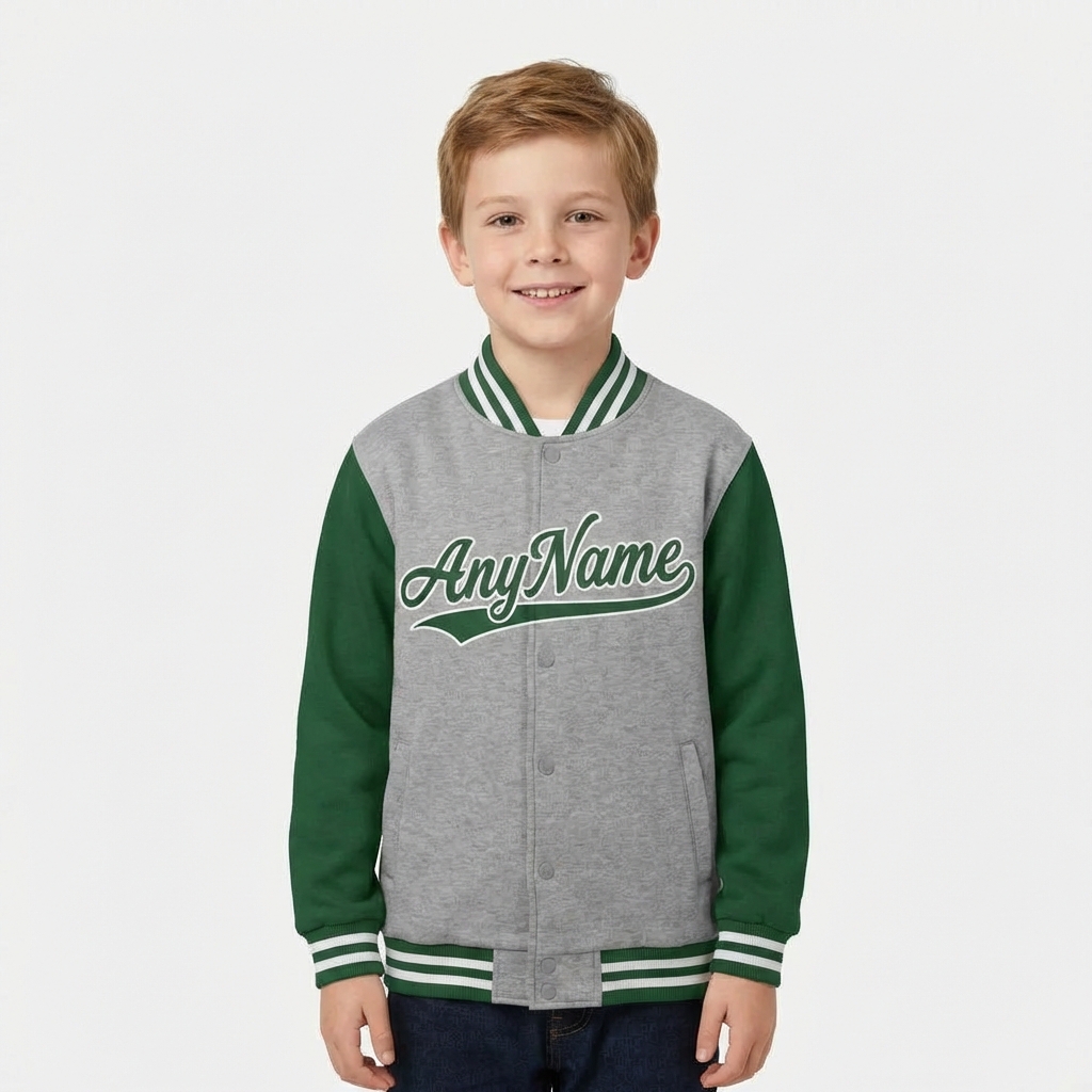 Custom Grey & Green/White Raglan Sleeves Full-Snap Fleece Jacket