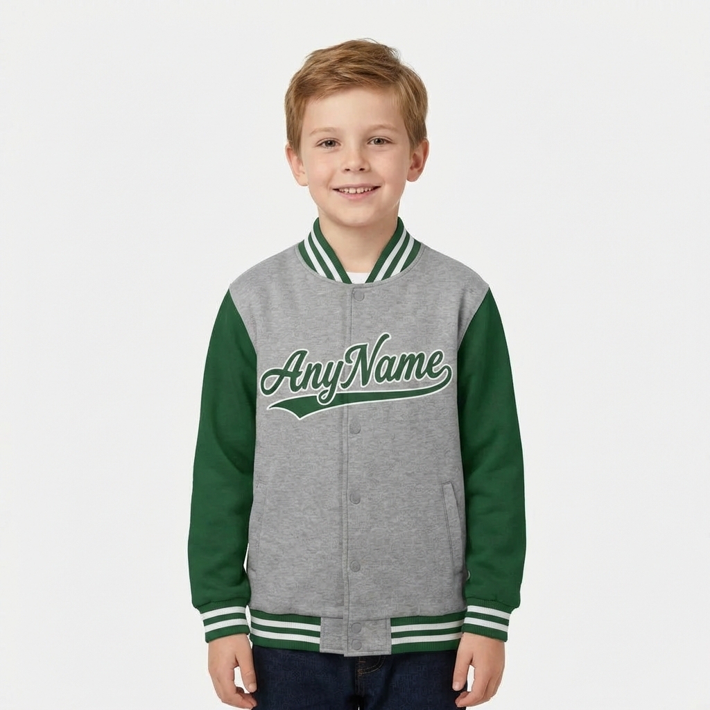 Custom Grey & Green/White Raglan Sleeves Full-Snap Fleece Jacket