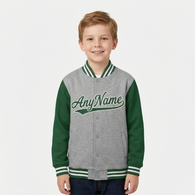 Custom Grey & Green/White Raglan Sleeves Full-Snap Fleece Jacket