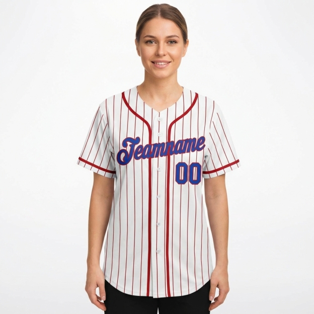 Custom White & Blue/Red Pinstripes Baseball Jersey