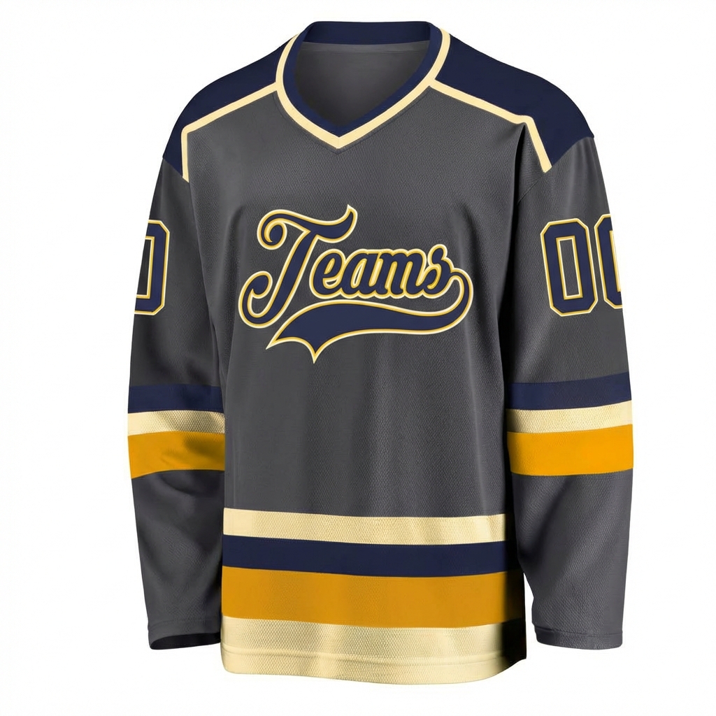 Custom Dark Grey & Purple/Gold-Cream Hockey Jersey