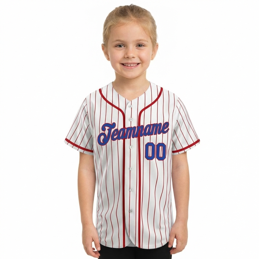 Custom White & Blue/Red Pinstripes Baseball Jersey