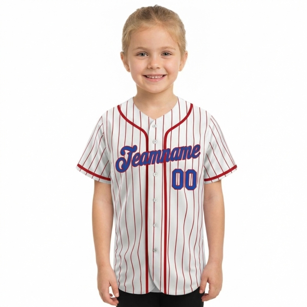 Custom White & Blue/Red Pinstripes Baseball Jersey
