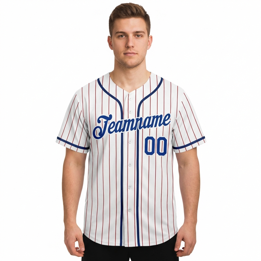 Custom White & Royal Blue/Red Pinstripes Baseball Jersey