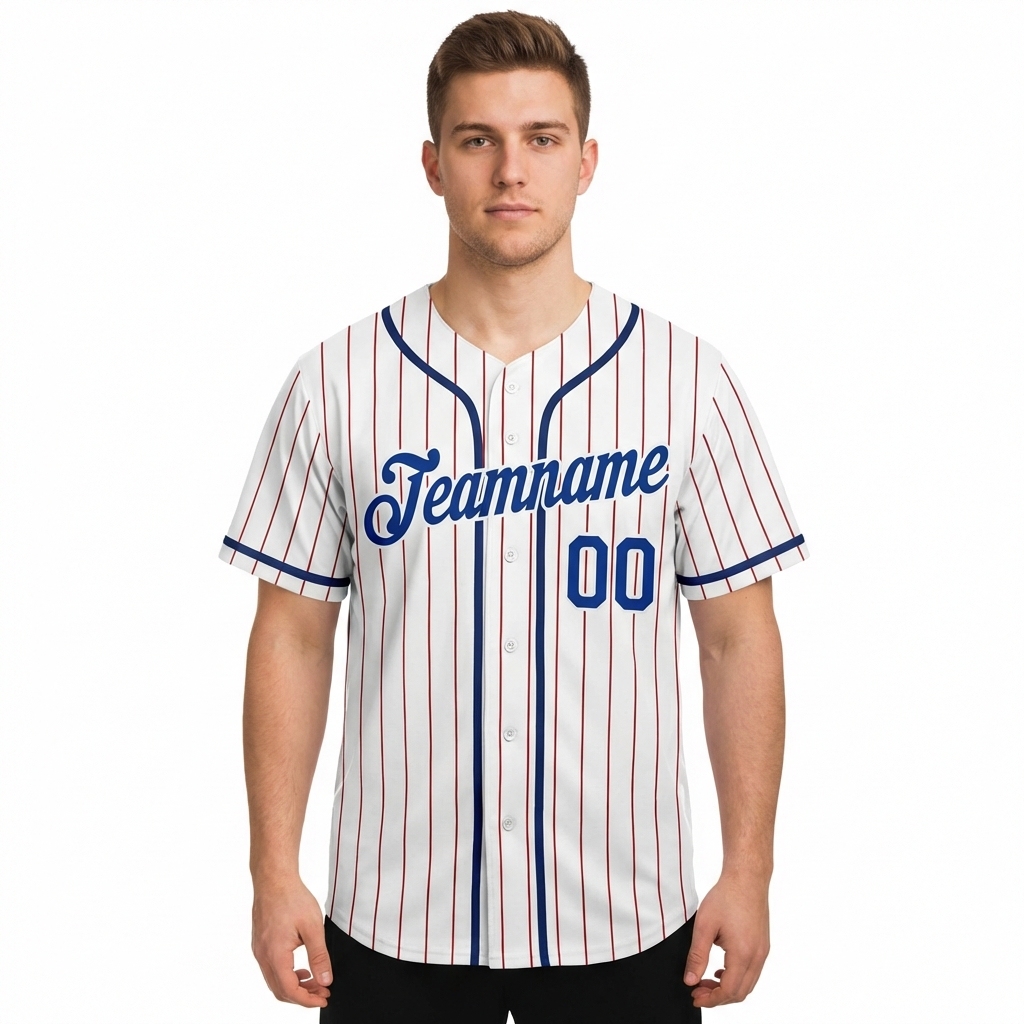 Custom White & Royal Blue/Red Pinstripes Baseball Jersey