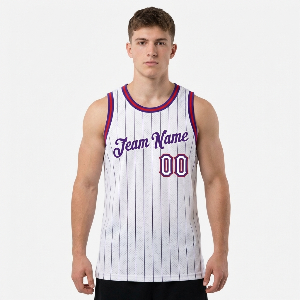 Custom White & Navy/Red Pinstripes Basketball City Edition Jersey