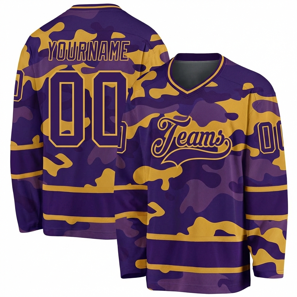 Custom Camo Purple & Gold Salute To Service Hockey Jersey