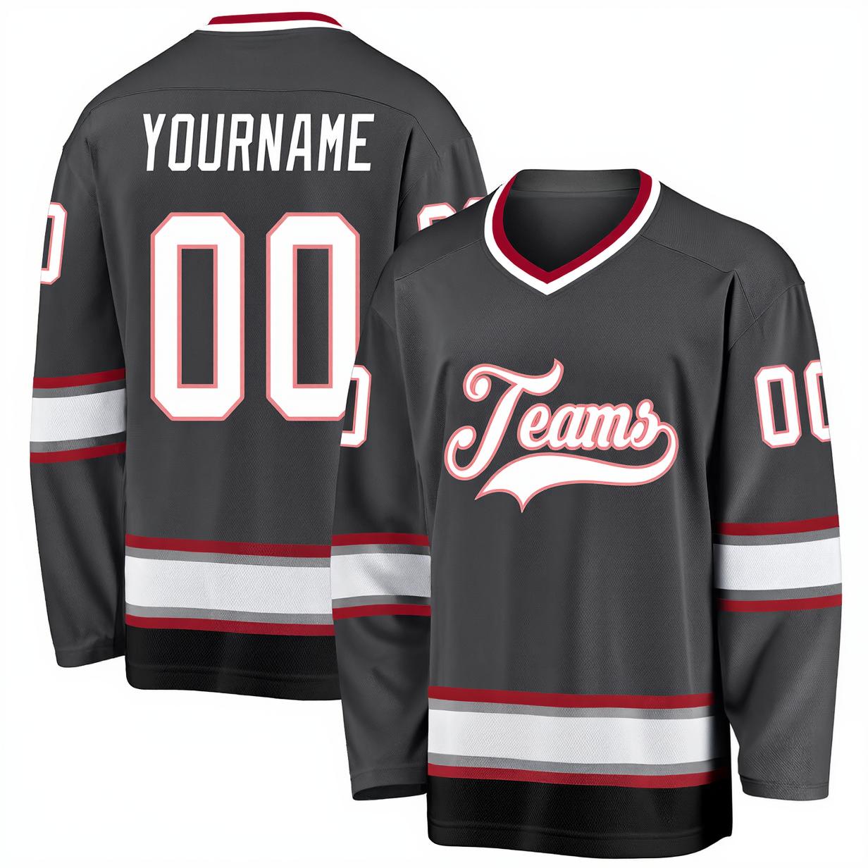 Custom Dark Grey & White/Burgundy Hockey Jersey
