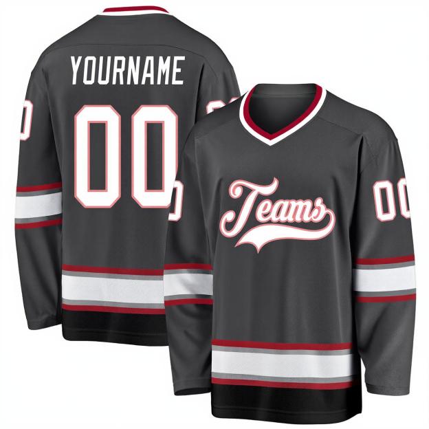Custom Dark Grey & White/Burgundy Hockey Jersey