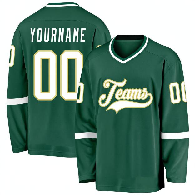 Custom Dark Green & White/Khaki Hockey Jersey