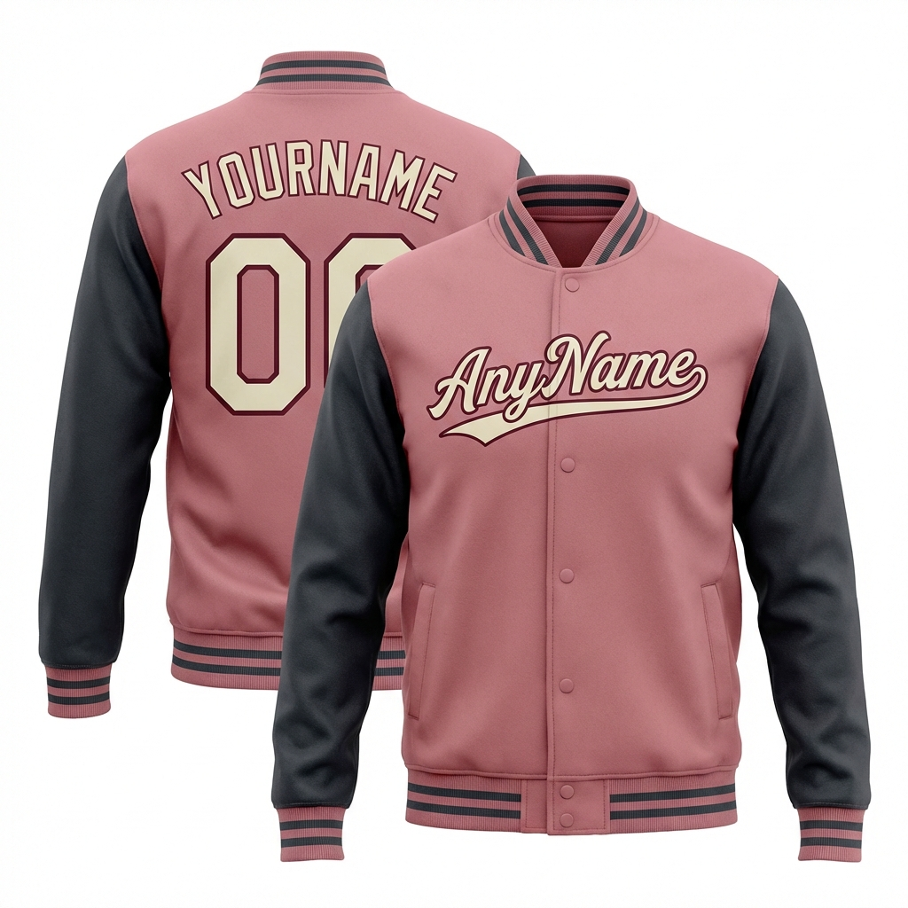 Custom Pink & Burgundy/Grey Raglan Sleeves Full-Snap Fleece Jacket