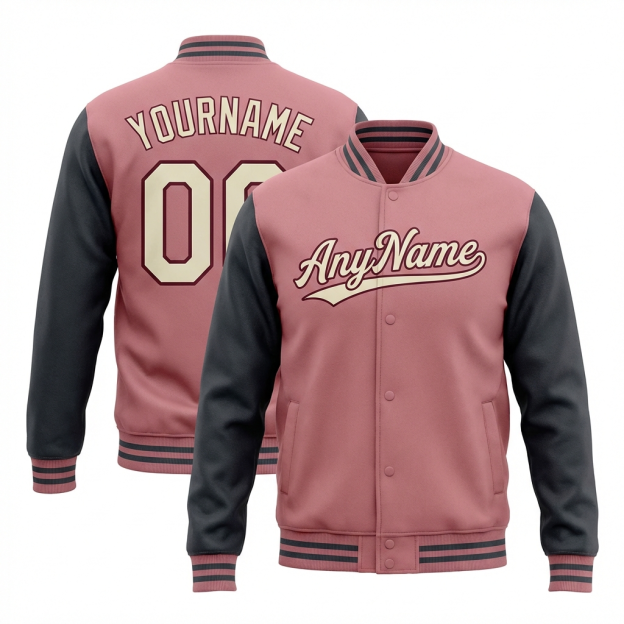 Custom Pink & Burgundy/Grey Raglan Sleeves Full-Snap Fleece Jacket