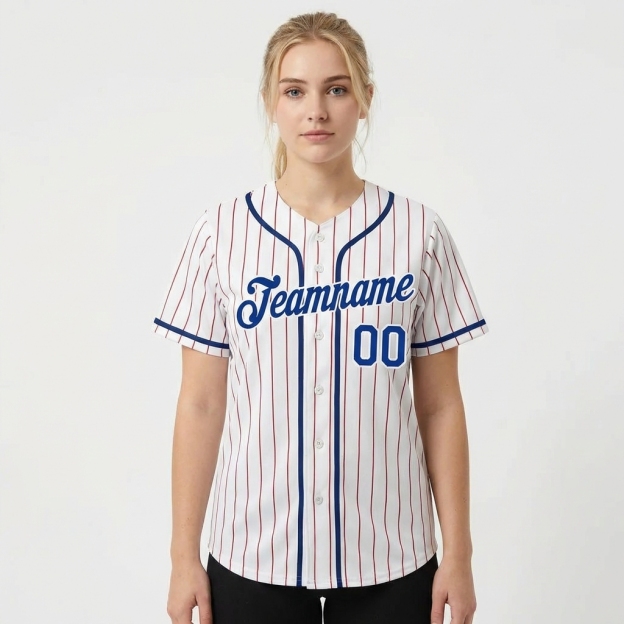 Custom White & Royal Blue/Red Pinstripes Baseball Jersey