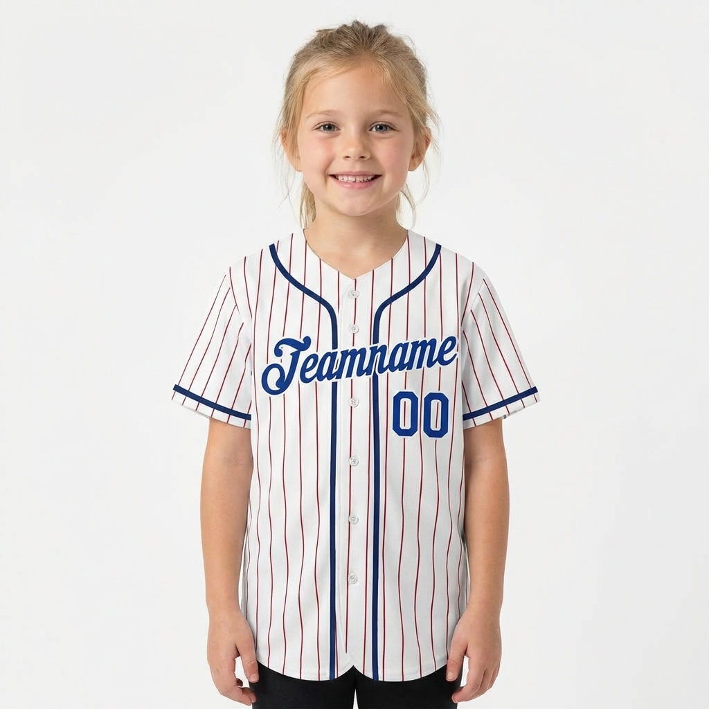 Custom White & Royal Blue/Red Pinstripes Baseball Jersey