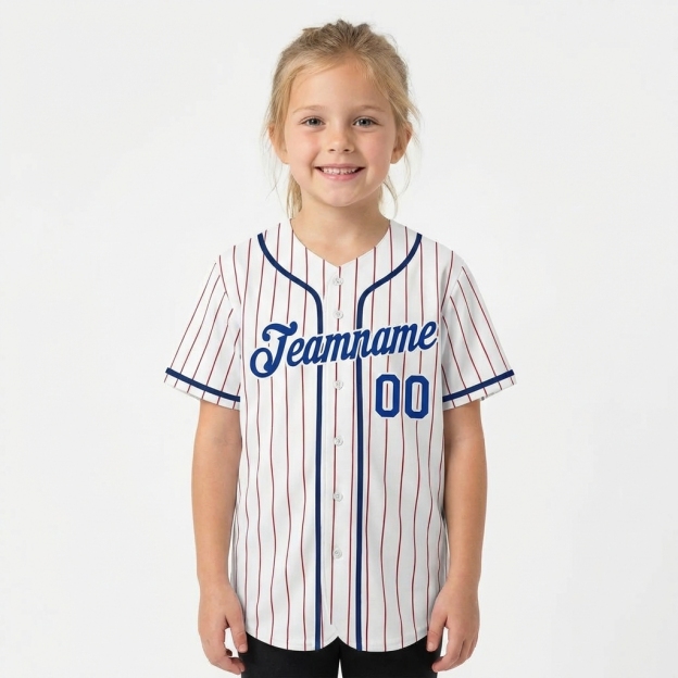 Custom White & Royal Blue/Red Pinstripes Baseball Jersey