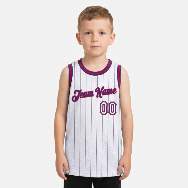 Custom White & Navy/Red Pinstripes Basketball City Edition Jersey