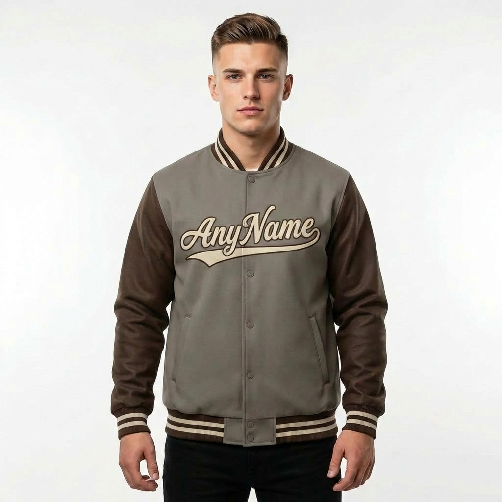 Custom Grey & White/Brown Raglan Sleeves Full-Snap Fleece Jacket