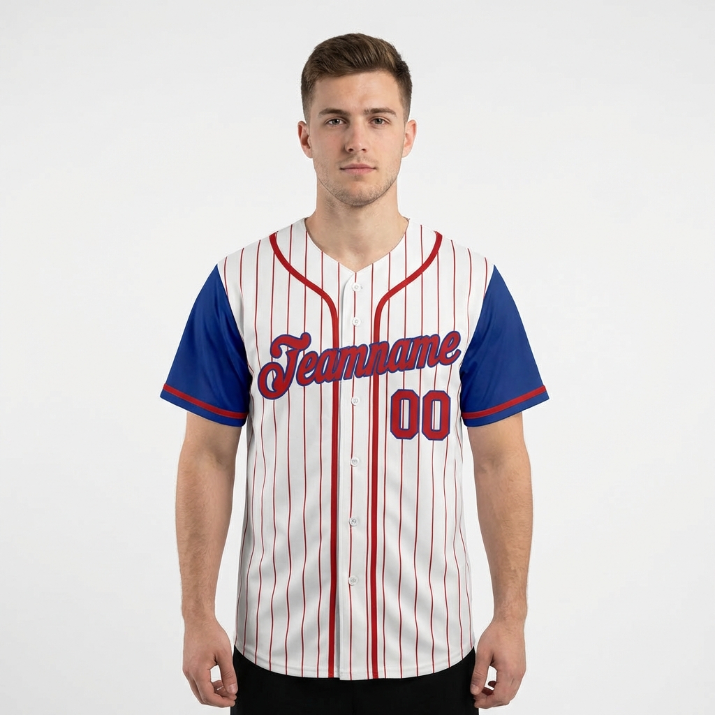 Custom White & Blue/Red Pinstripes Raglan Sleeves Baseball Jersey