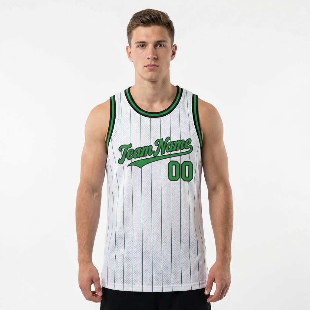 Custom White & Green/Black Pinstripes Basketball City Edition Jersey