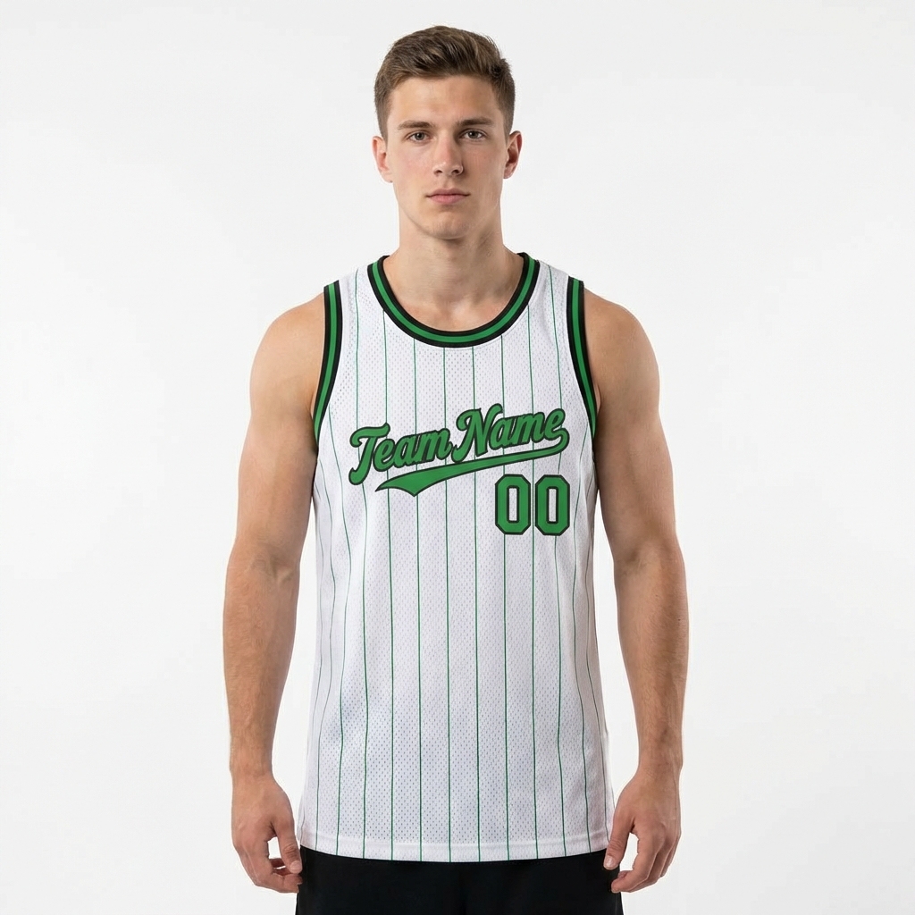 Custom White & Green/Black Pinstripes Basketball City Edition Jersey