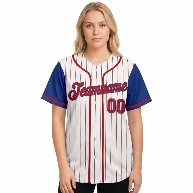 Custom White & Blue/Red Pinstripes Raglan Sleeves Baseball Jersey