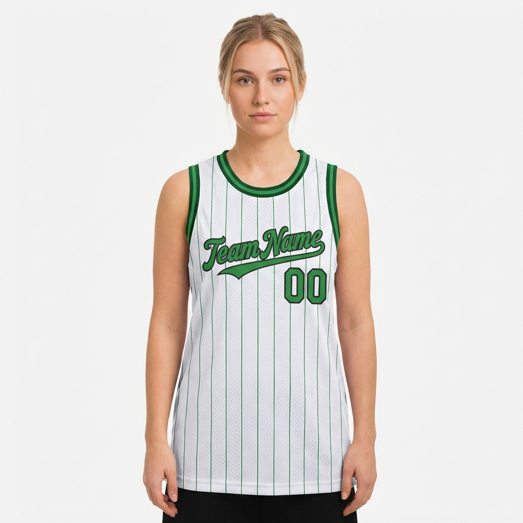 Custom White & Green/Black Pinstripes Basketball City Edition Jersey