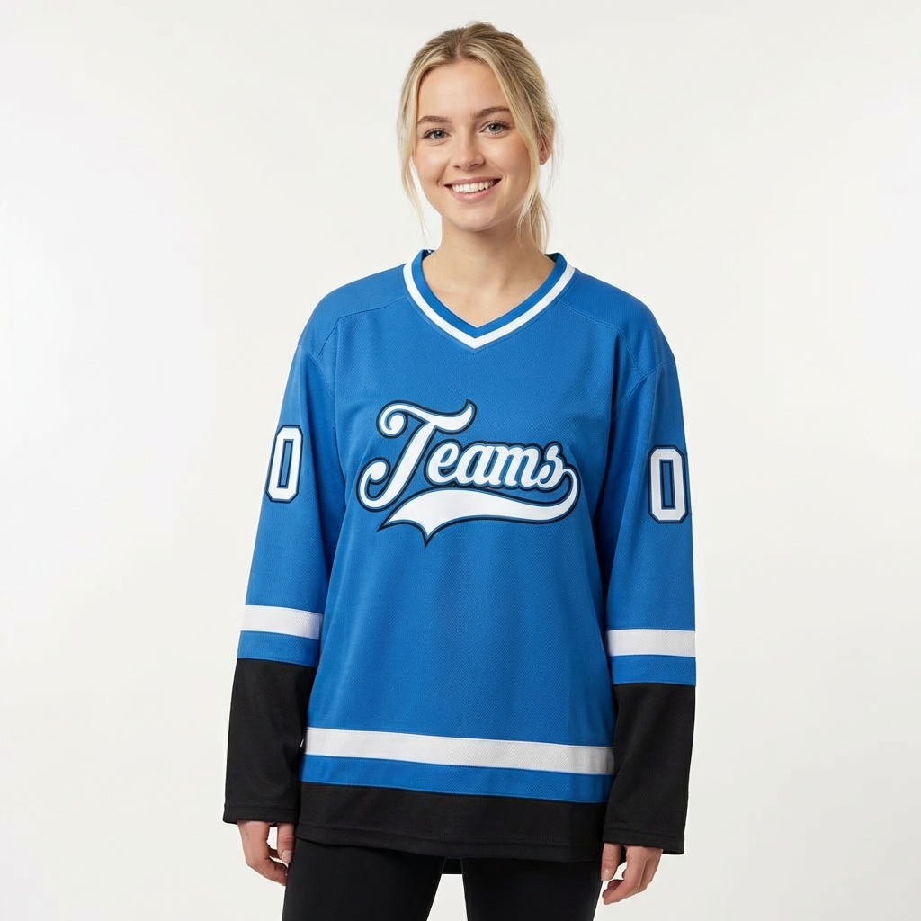 Custom Blue & White/Black Hockey Jersey