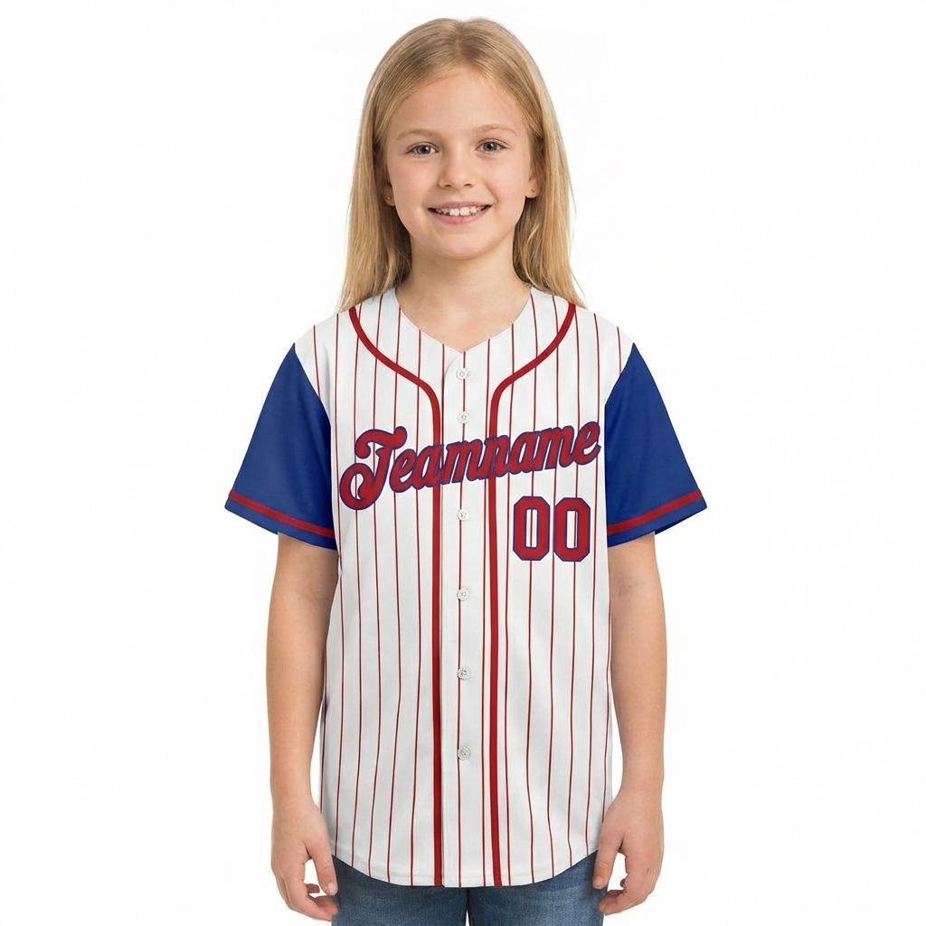 Custom White & Blue/Red Pinstripes Raglan Sleeves Baseball Jersey