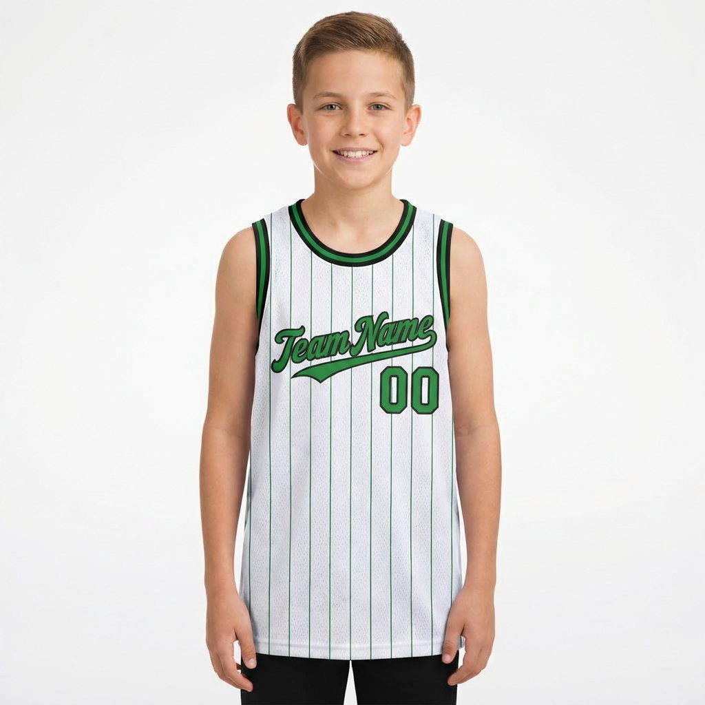 Custom White & Green/Black Pinstripes Basketball City Edition Jersey