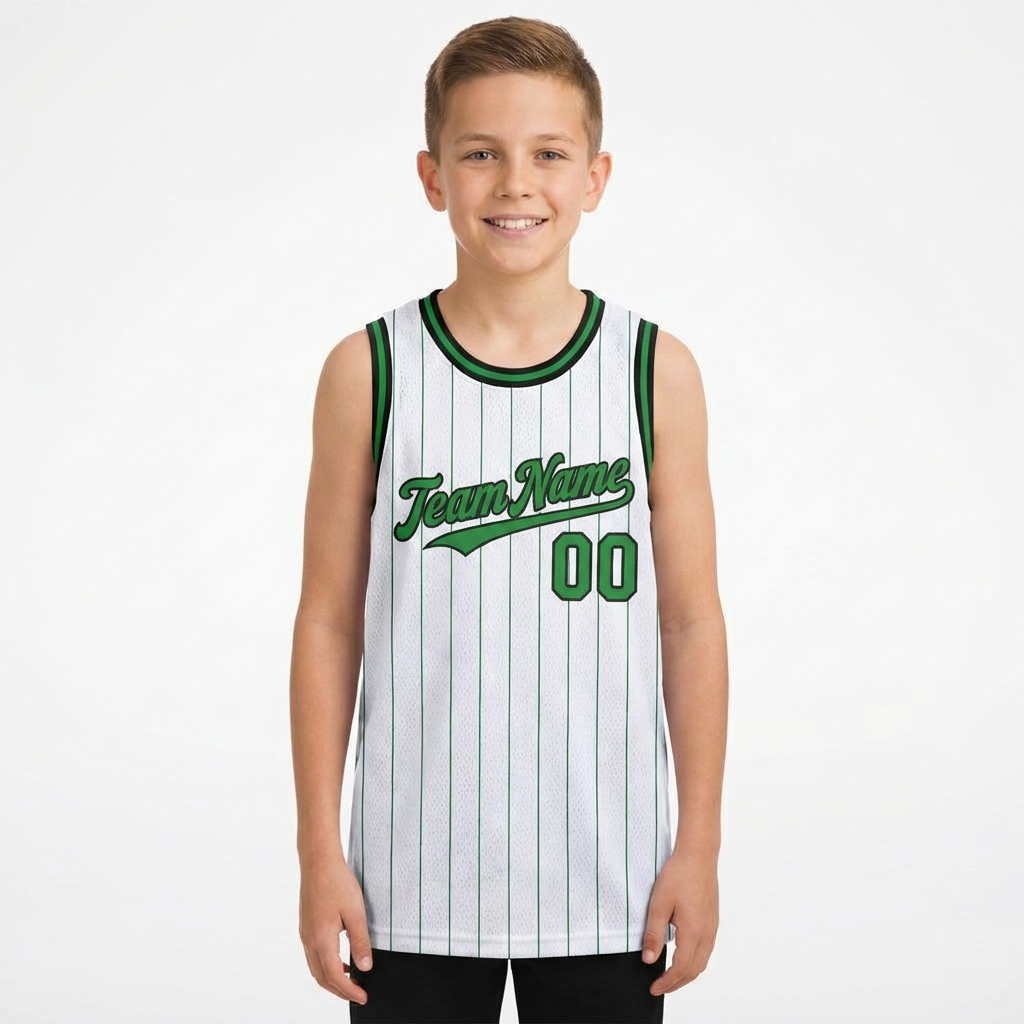 Custom White & Green/Black Pinstripes Basketball City Edition Jersey