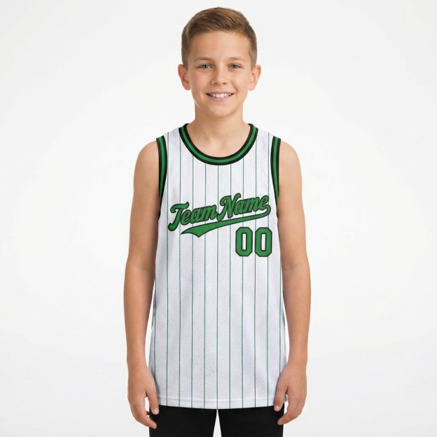 Custom White & Green/Black Pinstripes Basketball City Edition Jersey
