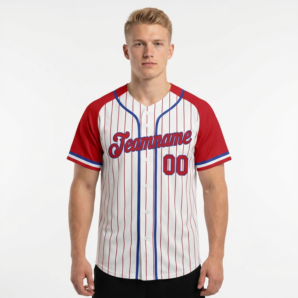 Custom White & Blue/Red Pinstripes Raglan Sleeves Baseball Jersey