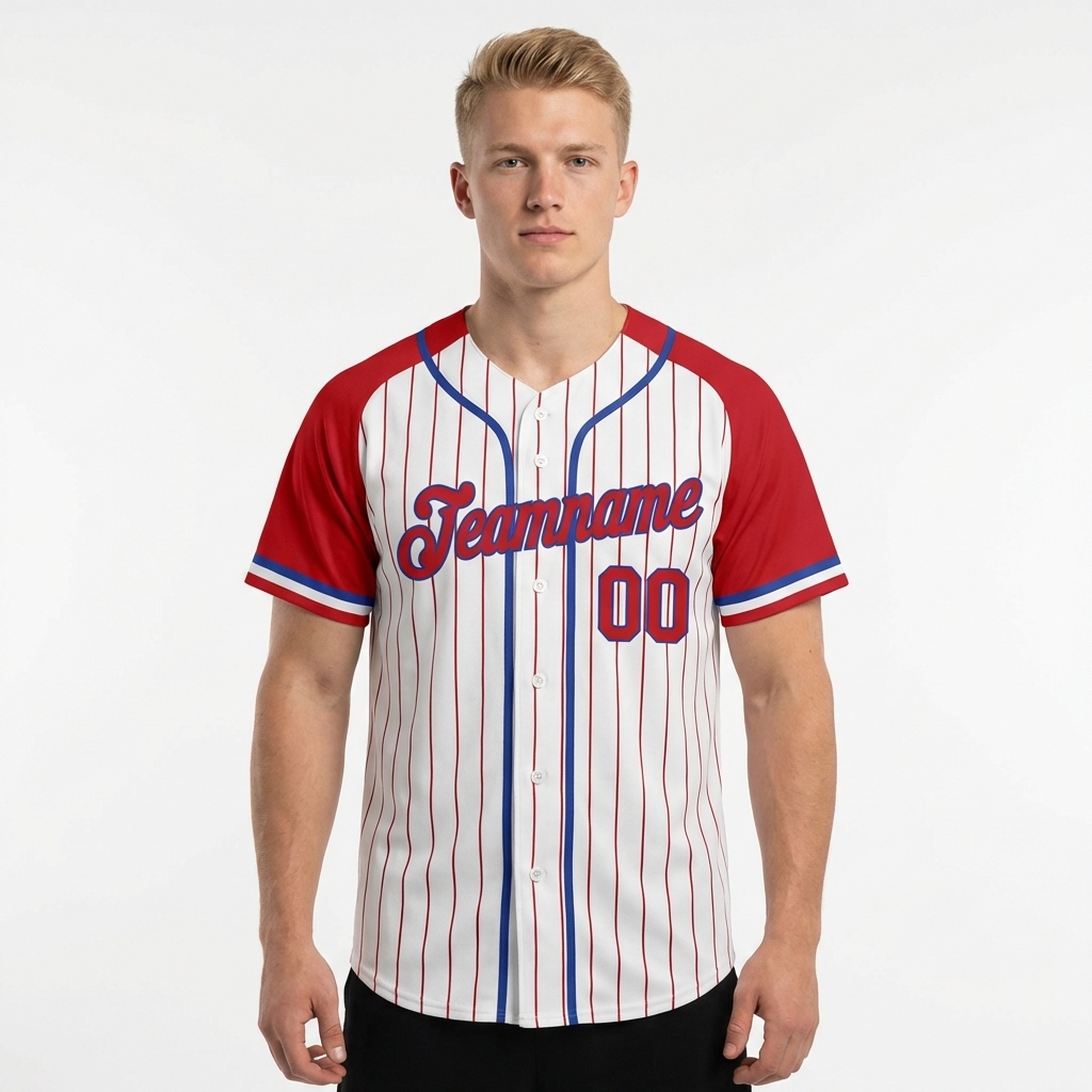 Custom White & Blue/Red Pinstripes Raglan Sleeves Baseball Jersey