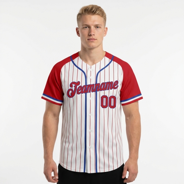 Custom White & Blue/Red Pinstripes Raglan Sleeves Baseball Jersey