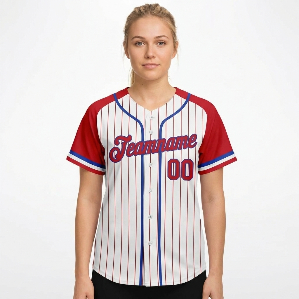 Custom White & Blue/Red Pinstripes Raglan Sleeves Baseball Jersey