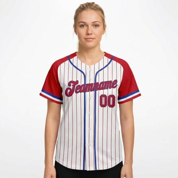 Custom White & Blue/Red Pinstripes Raglan Sleeves Baseball Jersey