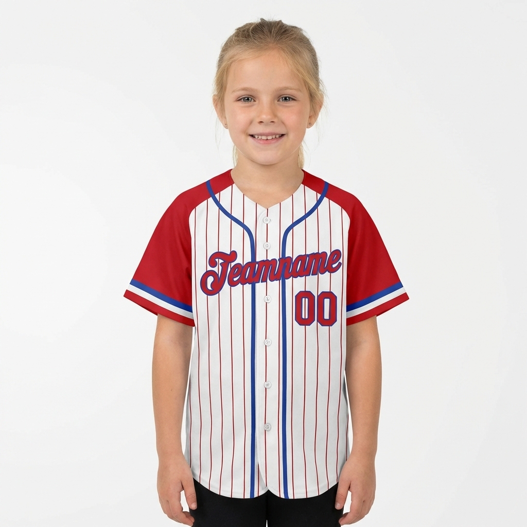 Custom White & Blue/Red Pinstripes Raglan Sleeves Baseball Jersey