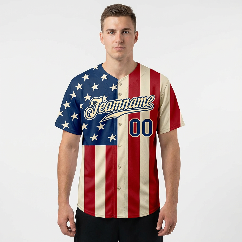 Custom White & Red/Navy 3D Flag Fashion Baseball Jersey