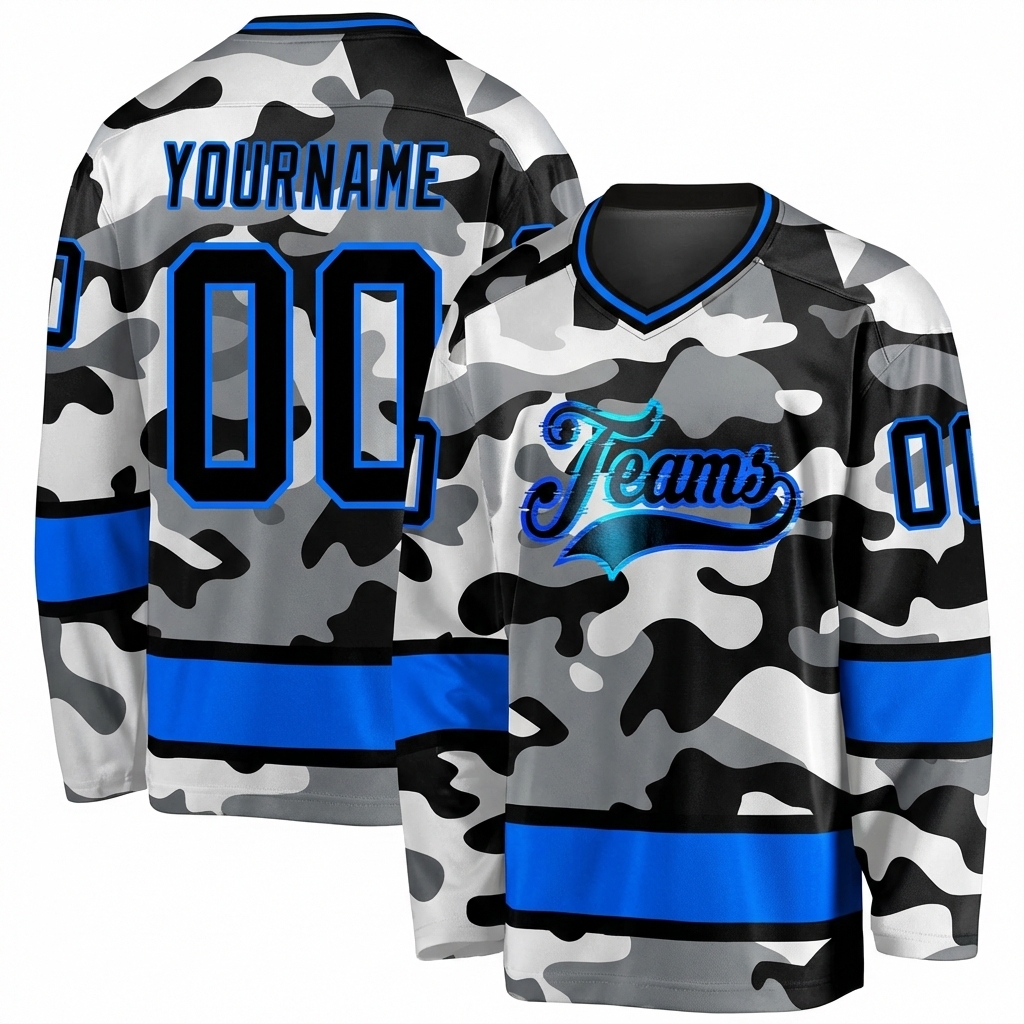 Custom Camo Blue & Black Salute To Service Hockey Jersey