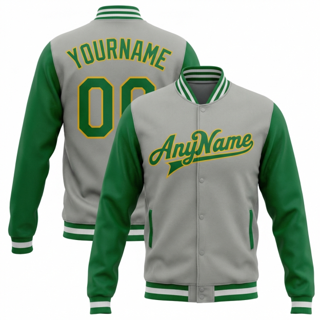 Custom Grey & White/Green Raglan Sleeves Full-Snap Fleece Jacket