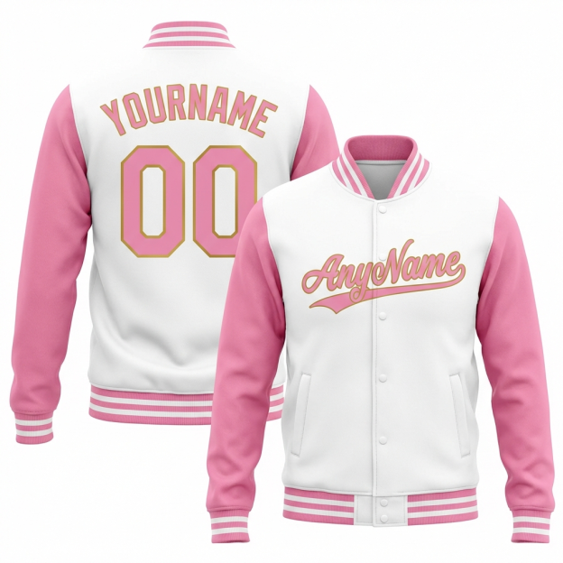 Custom Pink & Gold/White Raglan Sleeves Full-Snap Fleece Jacket