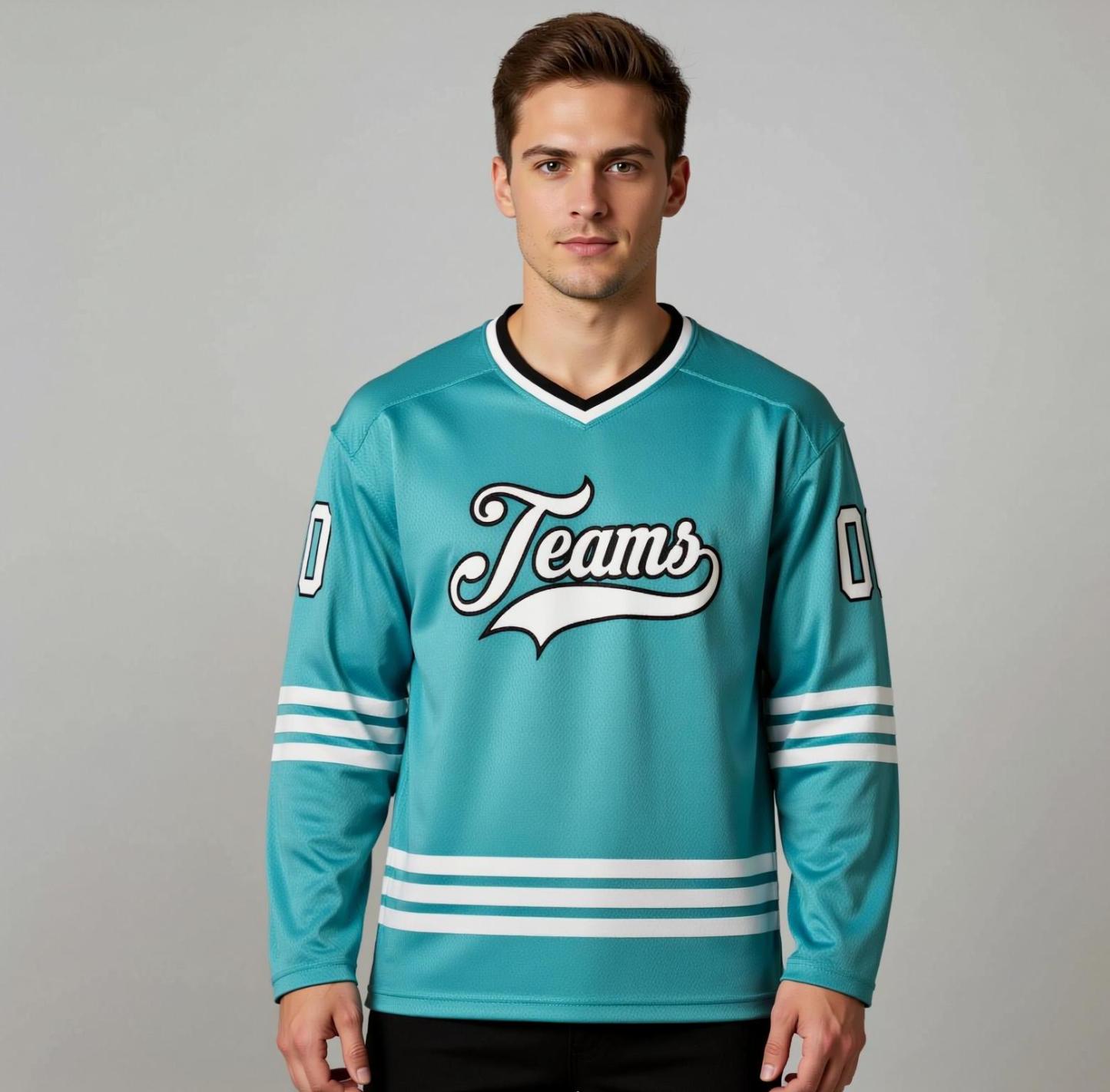 Custom Aqua & White/Navy Hockey Jersey