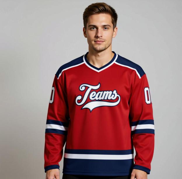 Custom Red & White/Navy Hockey Jersey