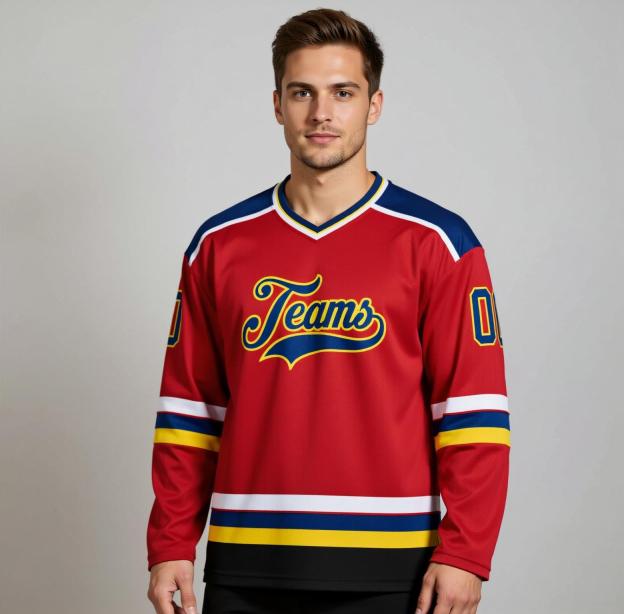Custom Red & Navy/Gold Hockey Jersey