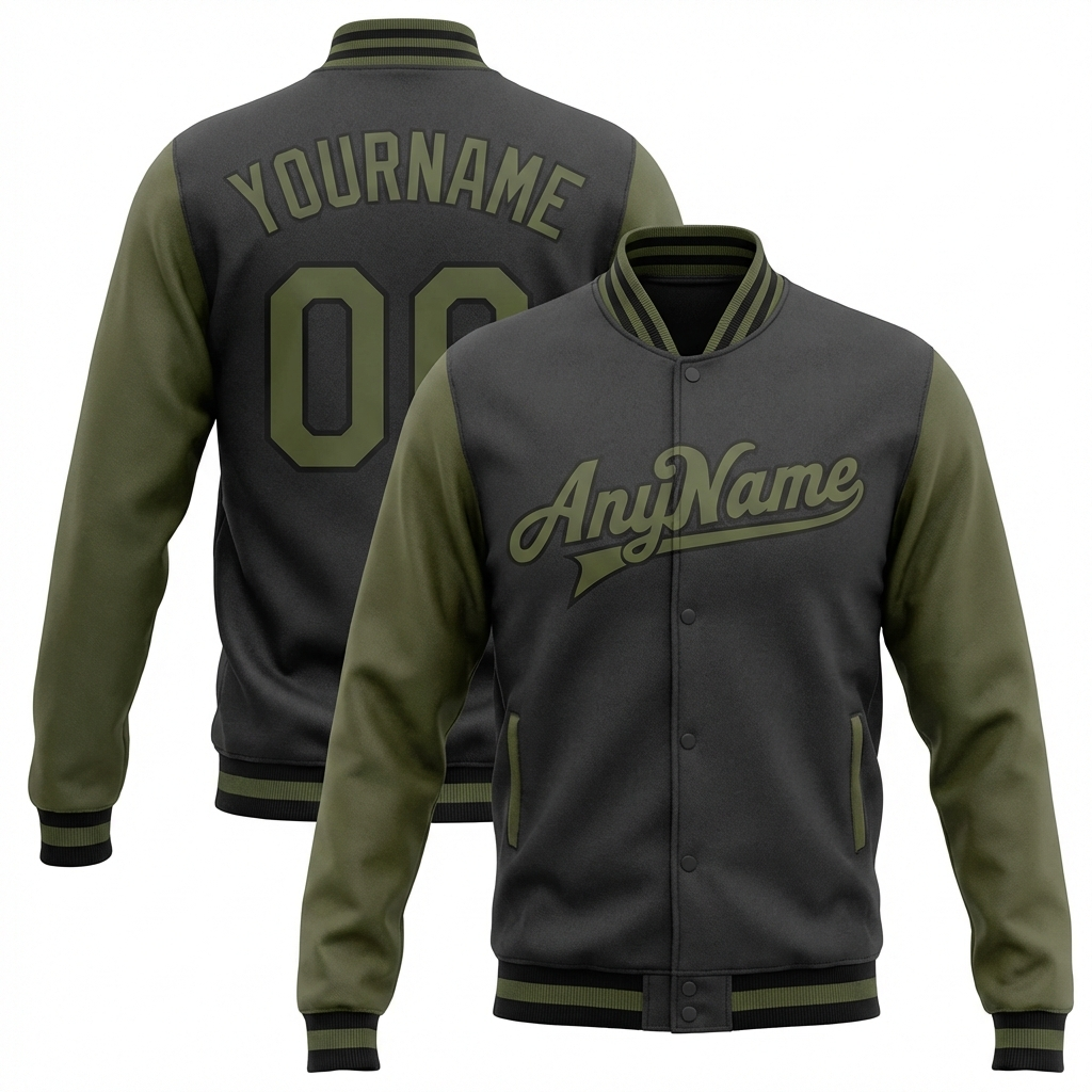 Custom Dark Grey & Olive Raglan Sleeves Full-Snap Fleece Jacket