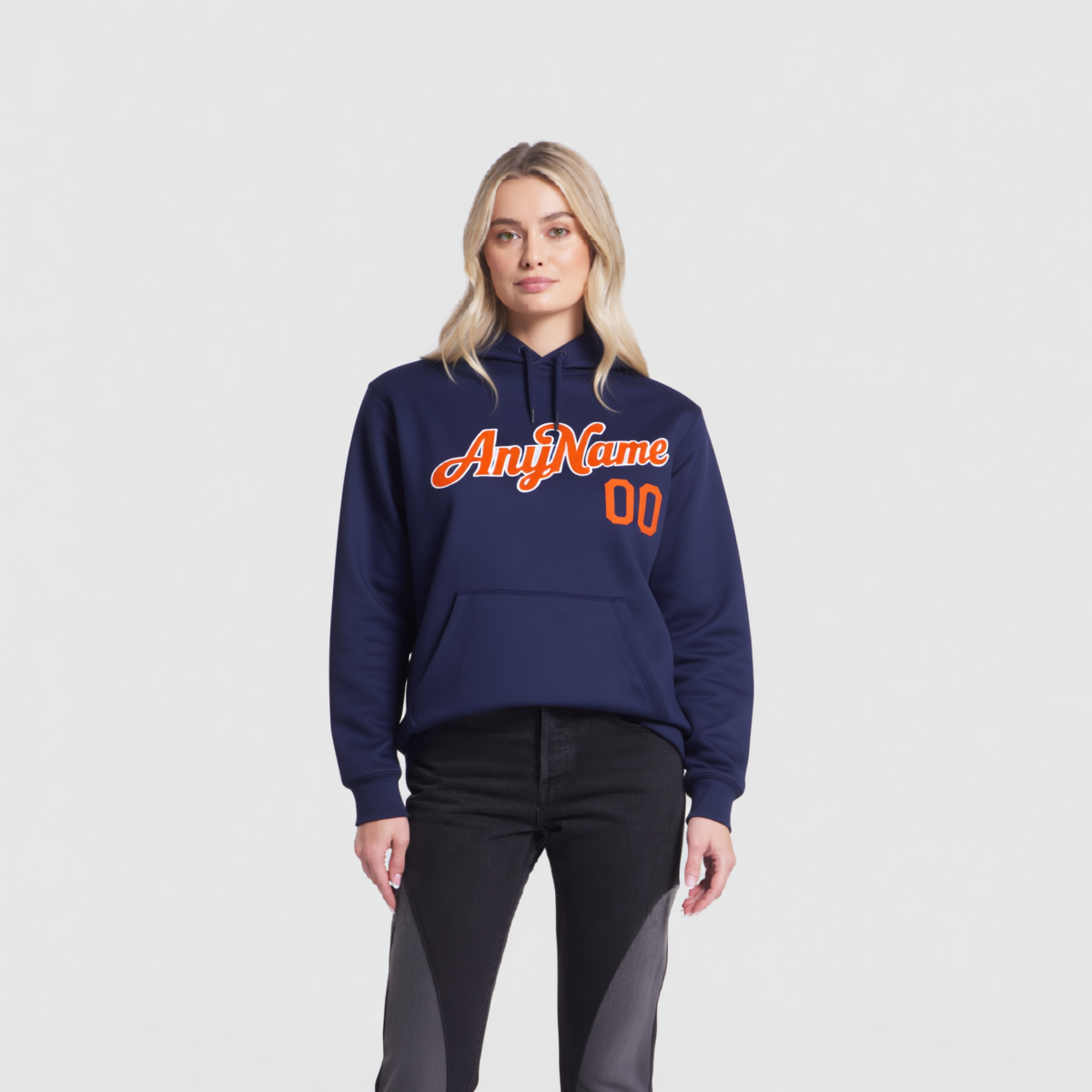 Custom Navy Blue & Orange/White Pullover Sports Sweatshirt Hoodie