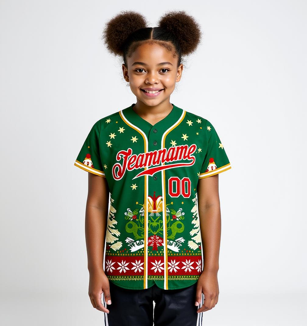 Custom Green & Red/White Christmas 3D Pattern Baseball Jersey