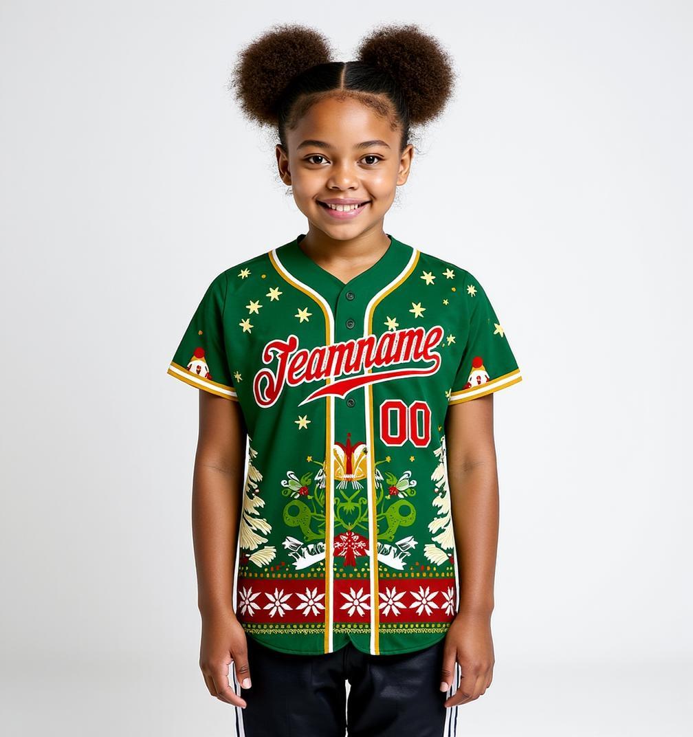 Custom Green & Red/White Christmas 3D Pattern Baseball Jersey