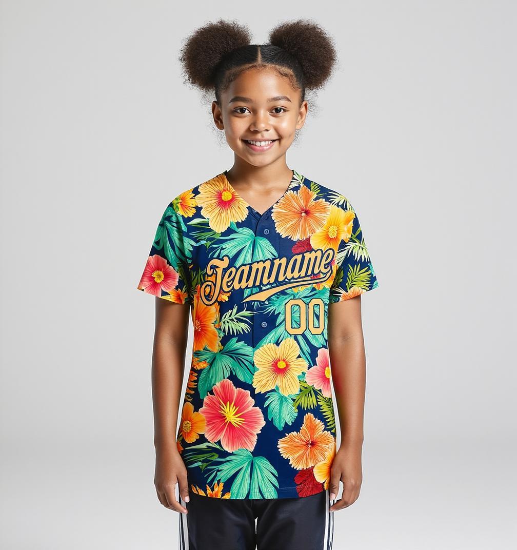 Custom Teal & White/Navy Hawaii Palm Leaves And Flowers 3D Pattern Baseball Jersey